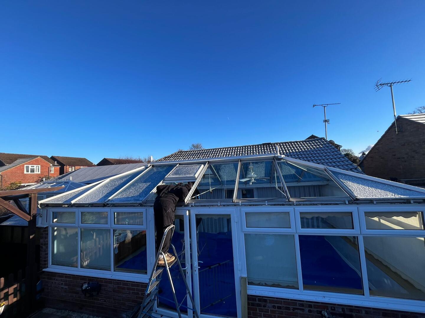 Large Edwardian Georgian conservatory with old polycarbonate roof — before